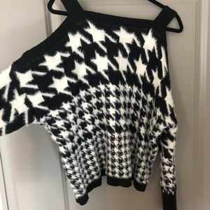 Houndstooth Cold Shoulder Black and White Sweater